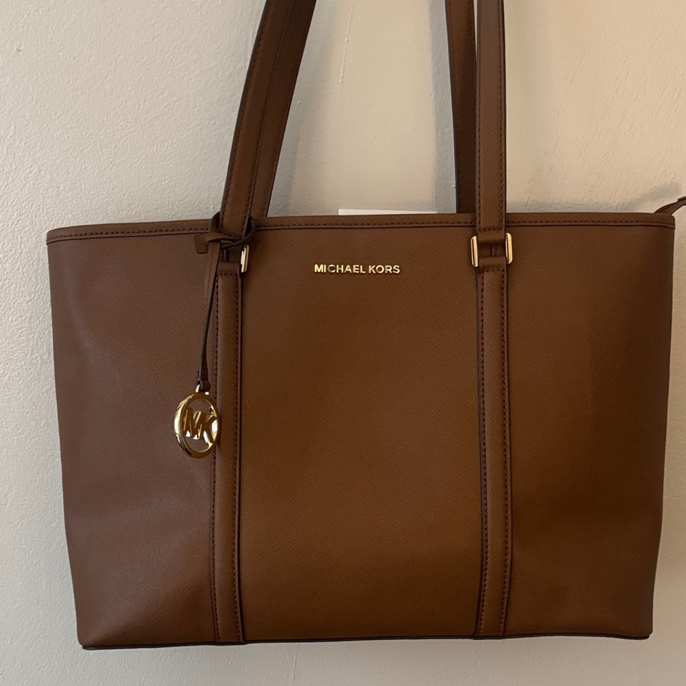 Michael Kors Cognac Brown Saffiano Leather Tote with Gold Charm